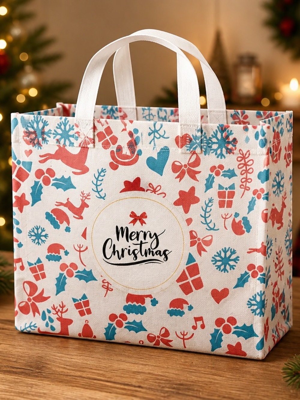 Merry Christmas Holiday Tote Bag - White with Red & Teal Icons